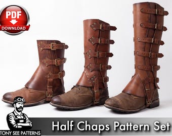 May include: Three brown leather half chaps of varying heights, each featuring multiple adjustable straps with metal buckles and decorative rivets. The text "PDF DOWNLOAD" and "TONY SEE PATTERNS Half Chaps Pattern Set" is visible on the image.