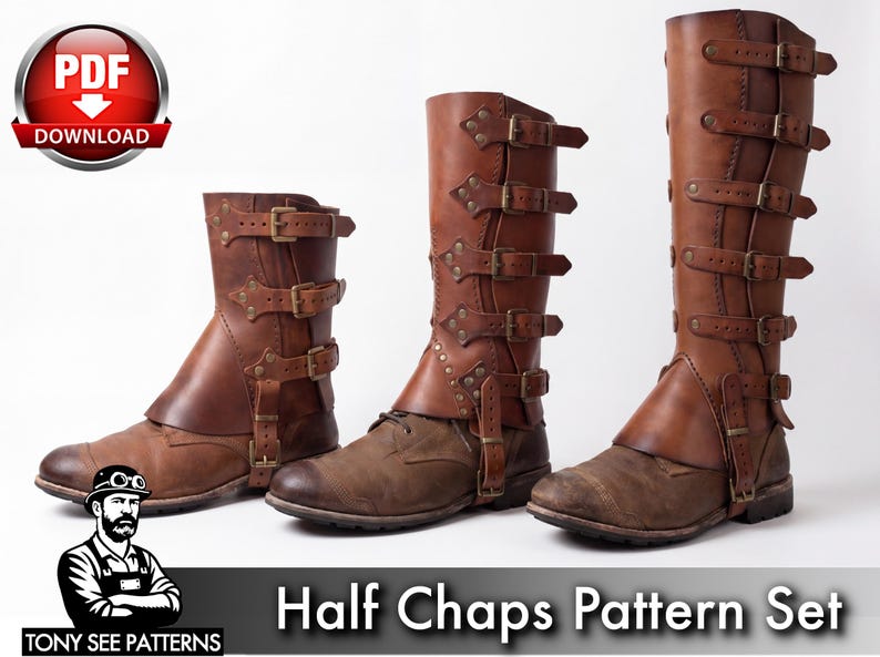 Puede incluir: Tres chaparreras de cuero marr&oacute;n de diferentes alturas, cada una con m&uacute;ltiples correas ajustables con hebillas y remaches de metal. El conjunto incluye un icono de descarga PDF y el texto Half Chaps Pattern Set de Tony See Patterns.