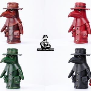 May include: Four plague doctor figurines in brown, red, green, and black, each wearing a wide-brimmed hat and a long-beaked mask. The figures feature stitched details, small side pouches, and metallic buttons. The text TONY SEE PATTERNS and a PDF DOWNLOAD icon are visible.