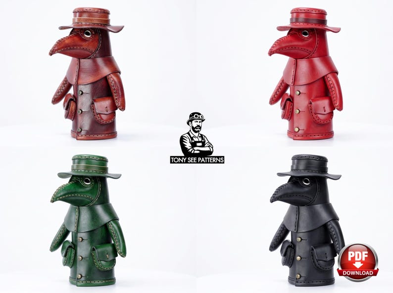 May include: Four plague doctor figurines in brown, red, green, and black, each wearing a wide-brimmed hat and a long-beaked mask. The figures feature stitched details, small side pouches, and metallic buttons. The text TONY SEE PATTERNS and a PDF DOWNLOAD icon are visible.