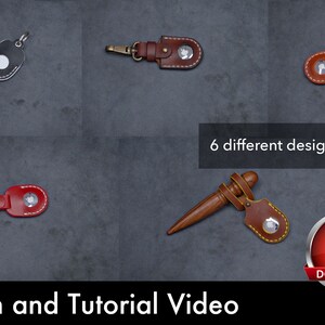 May include: Six different leather key fob designs with stitching and metal hardware. The key fobs are displayed on a gray background. The text "6 different designs included" and "Pattern and Tutorial Video" are also visible. A red button with the text "PDF DOWNLOAD" is in the lower right corner.