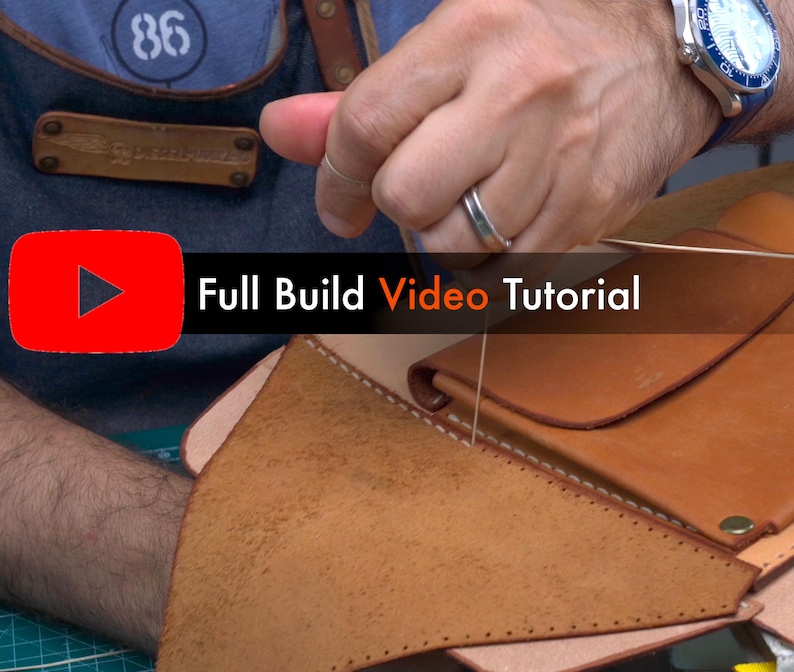 May include: A person stitching together two pieces of brown leather with a needle and thread. The leather is being sewn together to create a wallet or other leather goods. The text "Full Build Video Tutorial" is visible in the image.