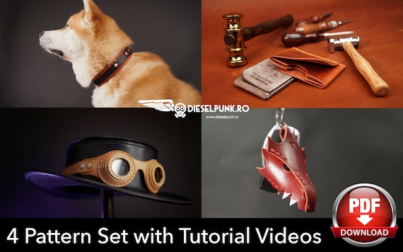 Leather Working Pattern Set - Dog Collar - Dragon Key Fob - Steampunk Goggles - Card Wallet - Pdf Download