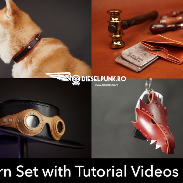 Leather Working Pattern Set - Dog Collar - Dragon Key Fob - Steampunk Goggles - Card Wallet - Pdf Download