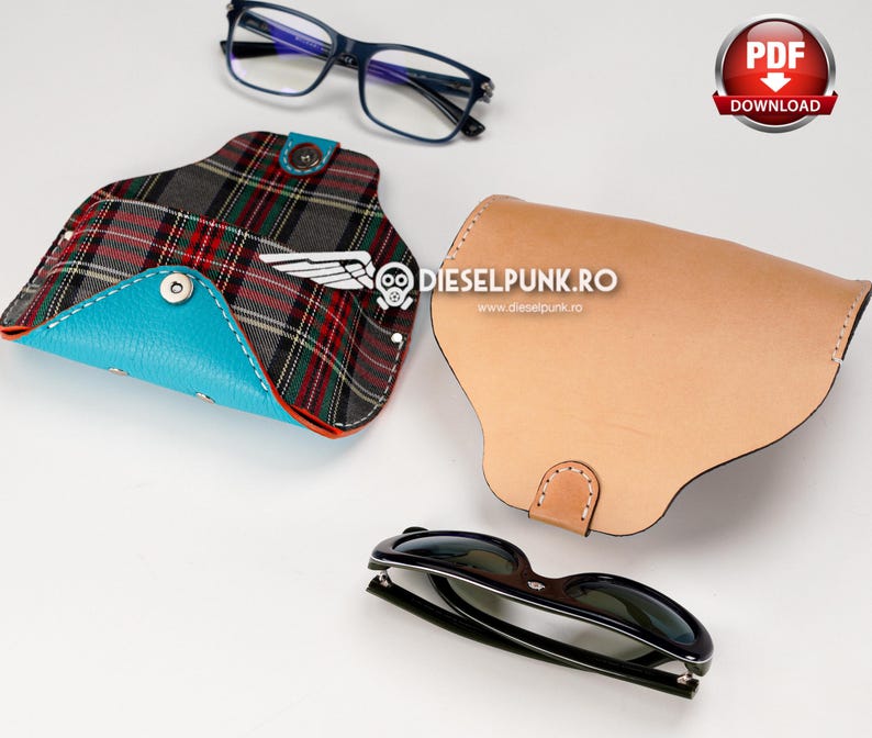 May include: Two different styles of eyeglass cases. One is a brown leather case with a flap. The other is a plaid case with a blue flap. Both cases are closed. A pair of black sunglasses is also pictured.