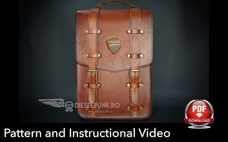 May include: A brown leather motorcycle bag with a Ducati logo and buckles. The bag has a stitched design and the text "dieselpunk.ro" is printed on the front.