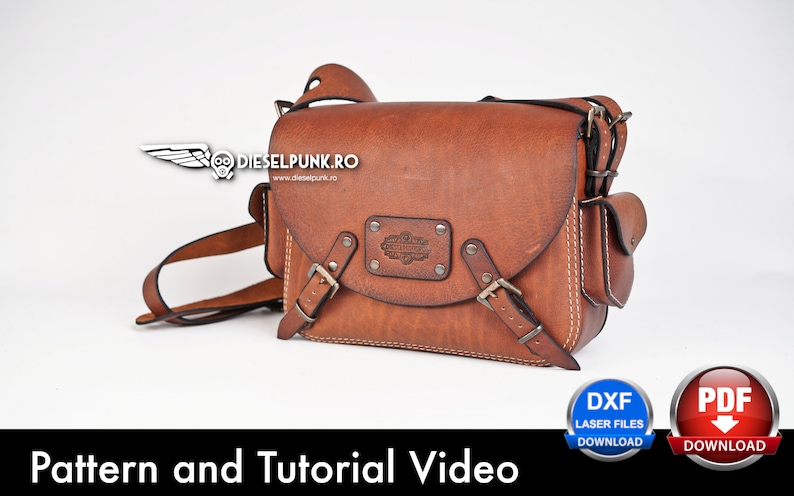May include: A brown leather messenger bag with a flap closure and a buckle. The bag has a small pocket on the side and a metal plate with the text "Dieselpunk" on the front. The bag is on a white background.  DXF Laser Files Download and PDF Download.