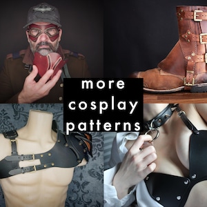 May include: A collage featuring a brown leather boot with three brass buckles, a black leather chest harness with shoulder armor on a mannequin, and a black leather bra with a matching spiked collar, with the text more cosplay patterns.
