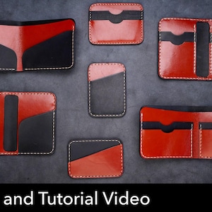 May include: A collection of leather wallet components in red and black with white stitching, including bifold and card holder pieces. A circular red icon in the bottom right corner features the white text PDF DOWNLOAD and a downward pointing arrow.
