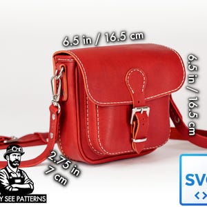 May include: A red leather satchel bag with white stitching, a buckle closure, and a long adjustable strap. The bag measures 6.5 inches (16.5 cm) in height and width, and 2.75 inches (7 cm) in depth. The image includes the text "TONY SEE PATTERNS" and an SVG icon.