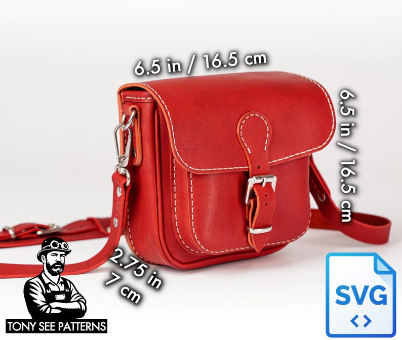 May include: A red leather satchel bag with white stitching, a buckle closure, and a long adjustable strap. The bag measures 6.5 inches (16.5 cm) in height and width, and 2.75 inches (7 cm) in depth. The image includes the text "TONY SEE PATTERNS" and an SVG icon.