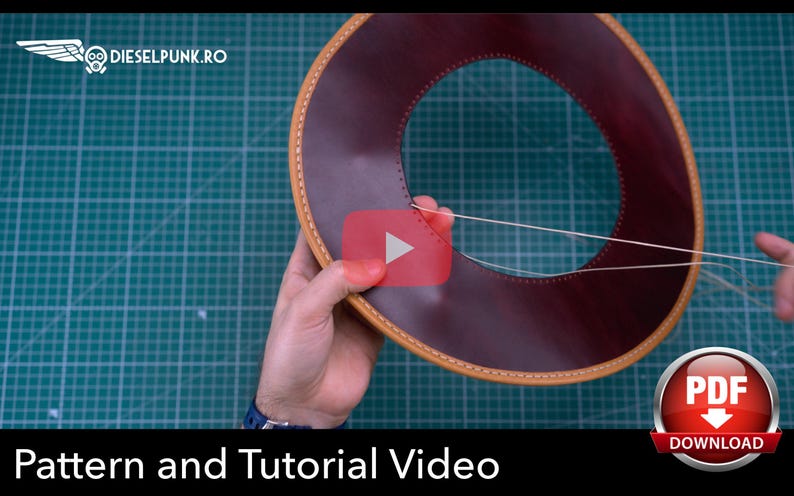 May include: A circular piece of dark burgundy leather with light tan stitched edges being hand-sewn with white thread. The image includes the text DIESELPUNK.RO, a red play button icon, and a circular red PDF DOWNLOAD button with white text.