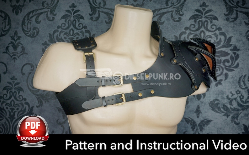 May include: A black leather shoulder armor with a brown leather accent and gold buckles. The armor is worn on a mannequin. The image includes the text "Pattern and Instructional Video" and a PDF download icon.