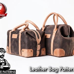 Peut inclure: Deux sacs en cuir marron foncé avec des poignées, des bordures et des renforts d'angle en cuir beige clair. Les sacs présentent une forme rectangulaire, des fermetures éclair sur le dessus et des boucles latérales. Une icône PDF est visible.
