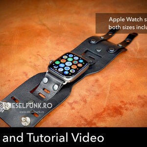 May include: Black leather Apple Watch band with a buckle closure. The band is designed to fit both 38mm and 40mm Apple Watches. The image includes the text "Apple Watch straps both sizes included" and "Pattern and Tutorial Video".