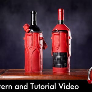 May include: Two wine bottles encased in red leather carriers with adjustable straps and metal hardware. One carrier features a smooth red leather exterior, while the other incorporates a black woven leather panel at the base. Text reads: PDF DOWNLOAD.