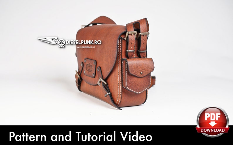 May include: A brown leather messenger bag with a front pocket and a buckle closure. The bag has a strap and is made of high-quality leather.  Pattern and Tutorial Video. PDF Download.