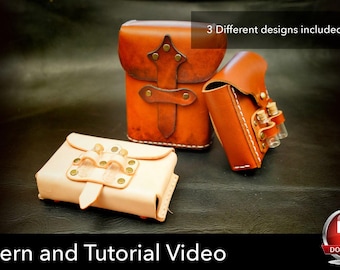Könnte beinhalten: Drei Ledertaschen in Hellbeige und Hellbraun mit Metallnieten, Klappverschlüssen und kleinen Glasfläschchen an der Seite. Das Bild enthält den Text 3 Different designs included sowie Pattern and Tutorial Video.