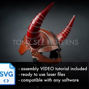 May include: A brown leather helmet with two large, curved, red horns. The horns are detailed with white stitching. The helmet has a dark background and the text "TONY SEE PATTERNS" is visible. The image also includes an SVG icon with text: assembly VIDEO tutorial included, ready to use laser files, compatible with any software.