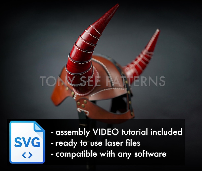 May include: A brown leather helmet with two large, curved, red horns. The horns are detailed with white stitching. The helmet has a dark background and the text "TONY SEE PATTERNS" is visible. The image also includes an SVG icon with text: assembly VIDEO tutorial included, ready to use laser files, compatible with any software.