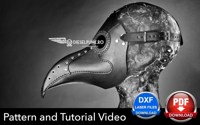 May include: Black and gray plague doctor mask with a long beak, riveted details, and a leather strap. The mask is displayed on a mannequin head. The image includes the text "Pattern and Tutorial Video".