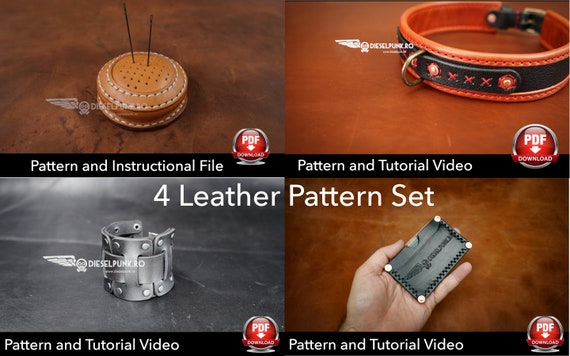 4 Leather Pattern Set - Card Wallet Pattern - Dog Collar Pattern - Pin Cushion Pattern - Bracelet Pattern - PDF downloads