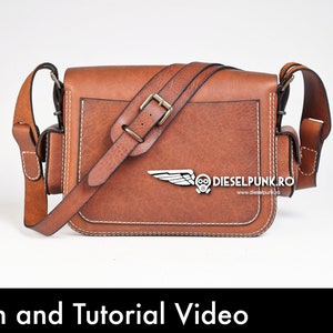 May include: A brown leather shoulder bag with a flap closure and a buckle. The bag has two pockets on the front and a white stitched design. The bag is on a white background.  "Dieselpunk.ro" is printed on the bag.