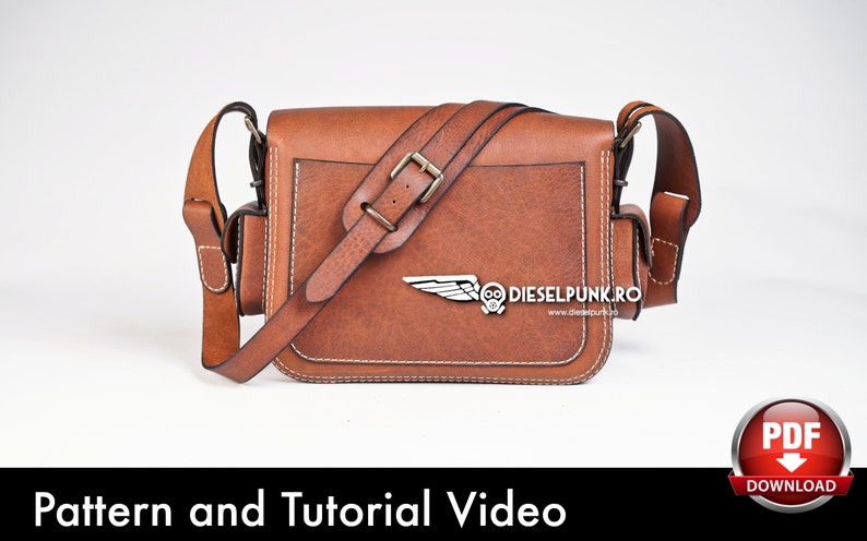 May include: A brown leather shoulder bag with a flap closure and a buckle. The bag has two pockets on the front and a white stitched design. The bag is on a white background.  "Dieselpunk.ro" is printed on the bag.