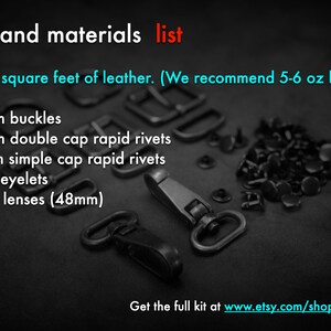 May include: A list of hardware and materials for a Plague Doctor Mask build. Includes buckles, rivets, eyelets, and acrylic lenses. The text recommends 4 square feet of leather and 5-6 oz leather. The image is on a dark background.