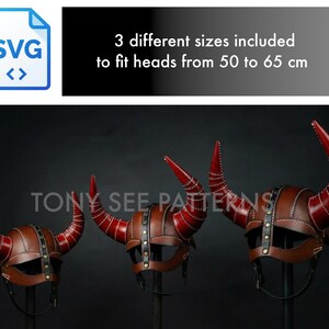 May include: Three brown leather Viking helmets with red horns, displayed on stands. The helmets are designed to fit heads from 50 to 65 cm. The image includes an SVG icon and text that reads "TONY SEE PATTERNS."