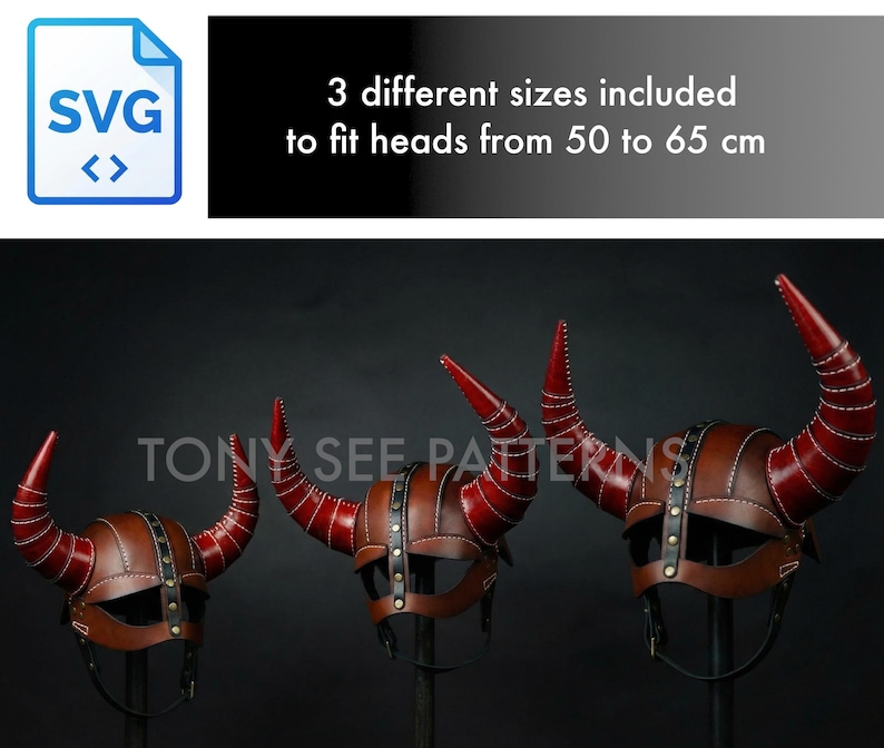 May include: Three brown leather Viking helmets with red horns, displayed on stands. The helmets are designed to fit heads from 50 to 65 cm. The image includes an SVG icon and text that reads "TONY SEE PATTERNS."