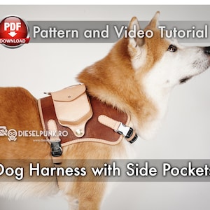 May include: A brown leather dog harness with two side pockets. The harness is worn by a light brown and white dog. The text "Dog Harness with Side Pockets" is at the bottom of the image. The text "Pattern and Video Tutorial" is at the top of the image. A red button with the text "PDF Download" is in the top left corner of the image.