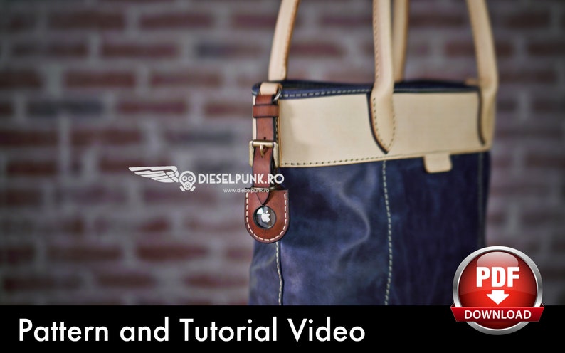 May include: A close-up of a blue leather tote bag with a tan leather top flap and brown leather straps. The bag has a metal buckle and a small leather tag with a logo. The bag is in front of a brick wall. The text "Pattern and Tutorial Video" is at the bottom of the image. A red button with the text "PDF DOWNLOAD" is in the lower right corner.