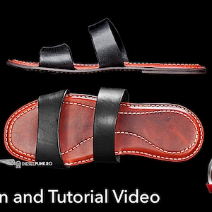 May include: A pair of black leather sandals with two wide straps and a reddish-brown footbed featuring white contrast stitching along the edges. The image includes the text DIESELPUNK.RO and a red circular icon with the white text PDF DOWNLOAD.