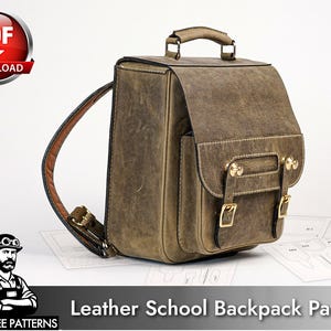 May include: A structured olive-green leather backpack featuring a top handle, adjustable shoulder straps, and a front flap secured with two gold-toned metal buckles. The design includes a front pocket and visible stitching, accompanied by paper pattern templates.