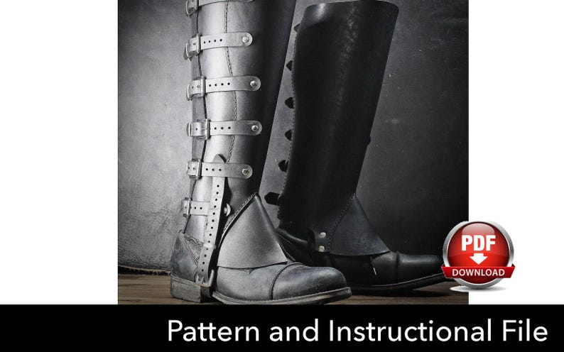 Puede incluir: Un par de botas altas negras con m&uacute;ltiples correas horizontales con hebillas met&aacute;licas en el lateral y punta afilada. El texto PDF DOWNLOAD es visible en un icono circular rojo, junto al texto Pattern and Instructional File.