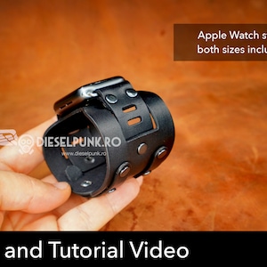 May include: Black leather Apple Watch band with a buckle closure and a decorative strap. The band is shown in a hand, and the text "DIESELPUNK.RO" is visible on the band. The text "Apple Watch straps both sizes included" is visible at the top of the image. The text "Pattern and Tutorial Video" is visible at the bottom of the image. A red button with the text "PDF DOWNLOAD" is visible in the bottom right corner of the image.