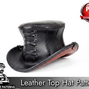 May include: A black leather top hat featuring a flat crown, a curved brim, and a front lacing detail with metal eyelets. The hat has visible stitched seams along the sides and a reddish-brown underside on the brim. Text reads PDF DOWNLOAD.
