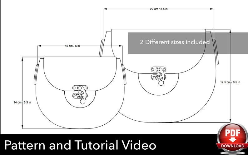 May include: Line drawing of two saddlebags with measurements in inches and centimeters. The smaller bag is 6 inches wide and 5.3 inches tall. The larger bag is 8.5 inches wide and 6.5 inches tall. Text reads "2 Different sizes included."