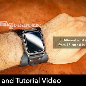 May include: A black leather watch band with a silver Apple Watch. The band has three rows of stitching and a buckle closure. The text "3 Different wrist sizes included from 15 cm / 6 in to 23 cm / 9 in" is visible in the image.