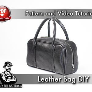 Puede incluir: Bolso de cuero negro con cierre de cremallera y dos asas. El bolso rectangular tiene una superficie texturizada. El texto en la imagen dice "Pattern and Video Tutorial" y "Leather Bag DIY". También hay un logotipo con "PDF Download".