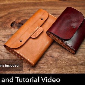 May include: Two leather wallets, one tan and one dark burgundy, featuring flap closures with metal rivets and white stitching. The tan wallet has a small embossed tag. Text on the image reads: 2 designs included, PDF DOWNLOAD, Pattern and Tutorial Video.