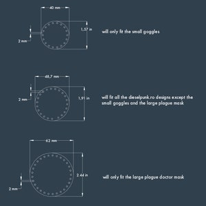 May include: Diagram showing three different sizes of round filter masks with measurements in millimeters and inches. The text indicates which mask size fits which dieselpunk.ro design.