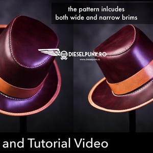 May include: A deep burgundy leather hat with a tan leather band and white stitching. The text reads: the pattern includes both wide and narrow brims, DIESELPUNK.RO, and PDF DOWNLOAD. Pattern and Tutorial Video.