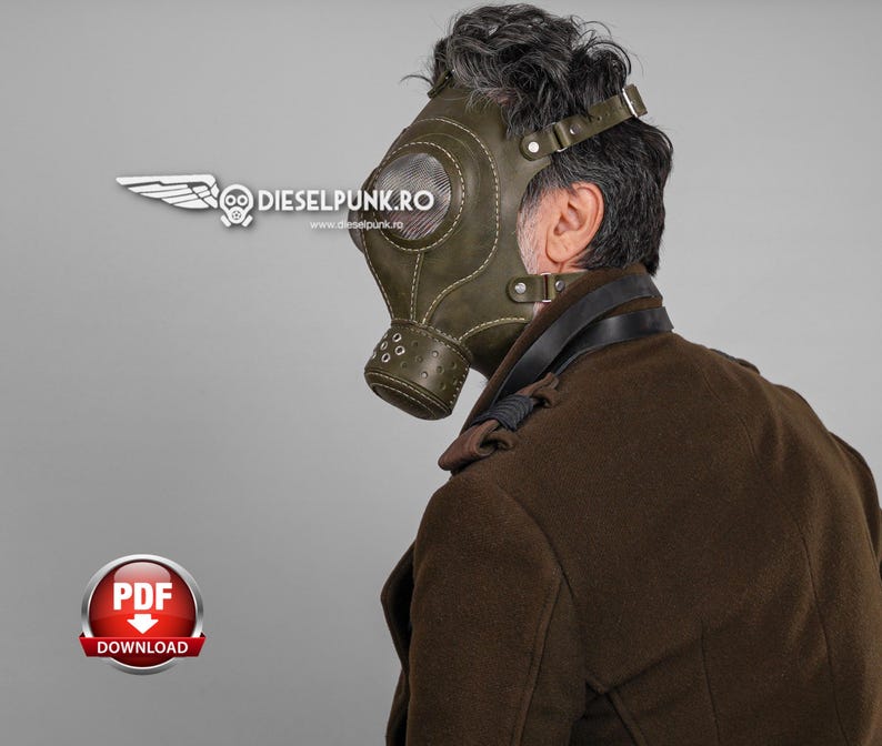 May include: A person wearing a green leather gas mask with a strap around their head and a brown leather jacket. The gas mask has a round window and a metal nose piece. The text "dieselpunk.ro" is visible on the mask.