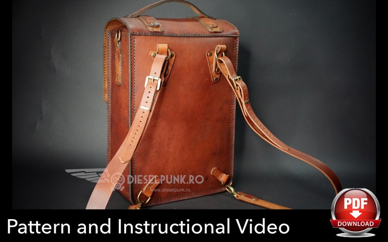 May include: Back view of a brown leather backpack with adjustable straps and brass buckles. The backpack has a stitched design and the text "DIESELPUNK.RO" is visible on the back.