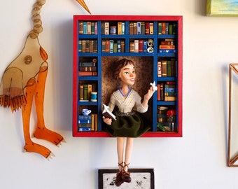 Bibliophile's Nook with Julia: Tiny Bookcase Diorama, Decorative Miniature Bookshelf with Book Lover Figurine, Art Doll