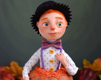 Pumpkin Boy Art Doll, Halloween Figurine, OOAK Art Doll, Collectible Figurine, Halloween Decor