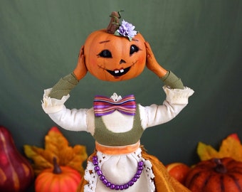 Muñeca Cabeza de Calabaza, Muñeca de Arte de Halloween, Figura de Calabaza Sin Cabeza, Muñeca de Arte OOAK, Figura Coleccionable de Halloween, Figura de Calabaza de Halloween