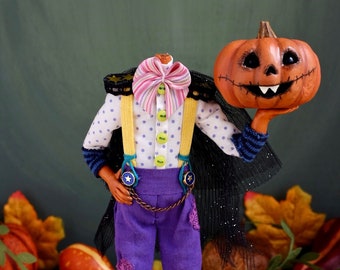 Headless Pumpkin Doll: Spooky Halloween Figurine, Handmade Art Toy